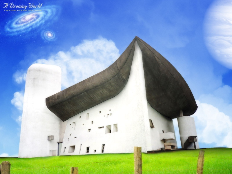 blue, Le Corbusier, architecture, building, environment, lawn, outdoors, travel destinations, built structure, cloud - sky, building exterior, digital composite