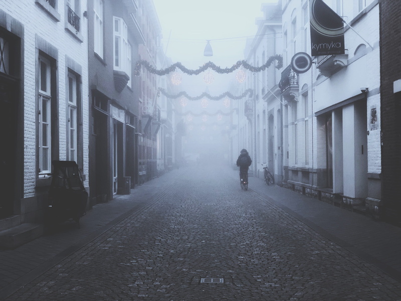 architecture, one person, road, alley, path, walkway, built structure, rear view, walking, person, urban, 4K, real people, town, nature, mist, building