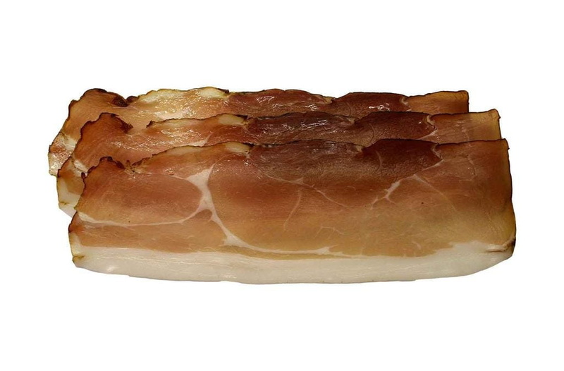 indoors, smoked ham, smoked, no people, protein, single object, meaty, pork, ham, cold cuts, discs, food, close-up, brown, white background, directly above