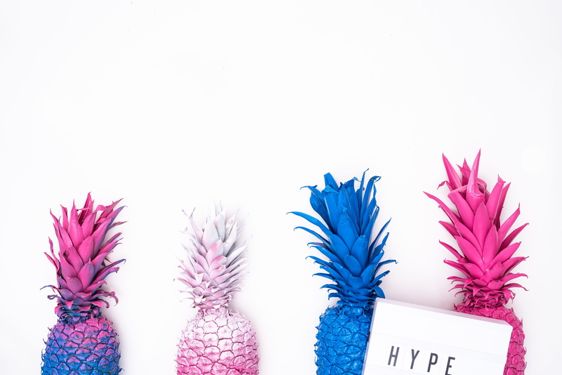 pinapple, plant, bunch of flowers, neon, pineapple, purple, pineapples, pink color, white, container, cut out, indoors, color, no people, cleaning