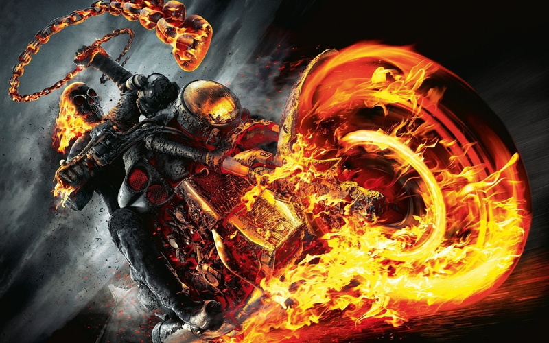 Ghost Rider: Spirit of Vengeance, rider, high angle view, night, flame, smoke - physical structure, ghost, fire - natural phenomenon, log, nature