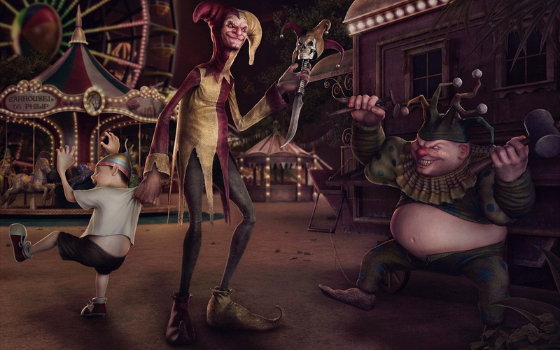 Evil, weapon, Carousel, hammer, skull, Clowns, number, 720P, art, knife, danger, boy