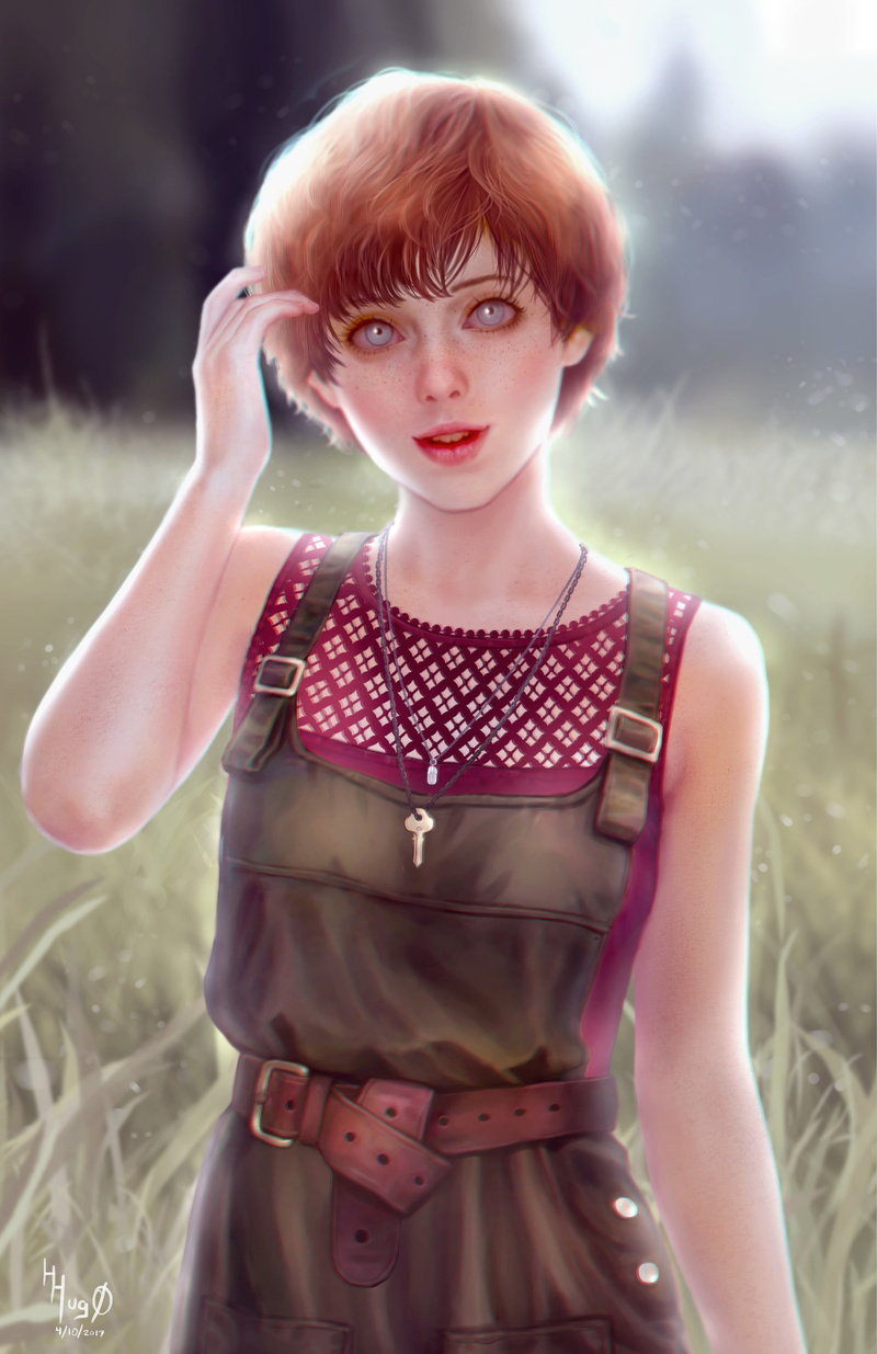 2K, digital painting, ArtStation, women, portrait display, touching hair, looking at viewer, Beverly Marsh, white eyes, digital art, short hair, artwork