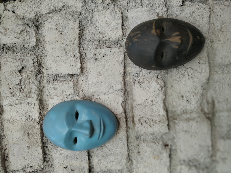 wall, brick, wall - building feature, architecture, outdoors, india, door, costume, mannequin, no people, mouth, safety, 6, blue, hole, mask, close-up