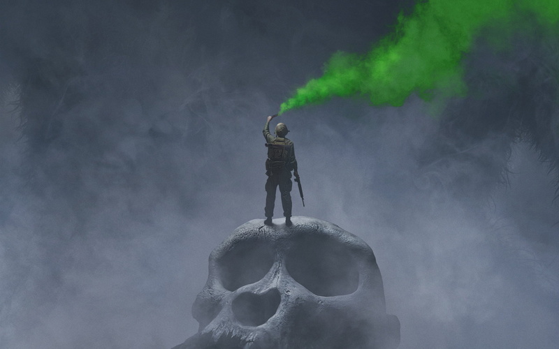 soldiers, King Kong: skull Island, huge, green, poster, 2K, skull, smoke, weapons, Kong: Skull Island, fantasy, fog