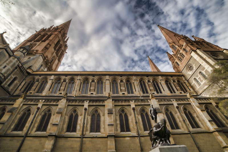 low angle view, city, 5K, church, cloud - sky, the past, built structure, religion, building exterior, steeple, statue, st pauls cathedral, samyung 14mm f2.8