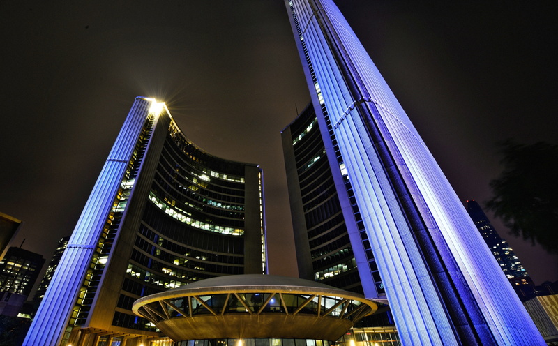 luxury, no people, blue, long exposure, office building exterior, Night, Canada, bridge - man made structure, Toronto, low angle view, outdoors, Downtown