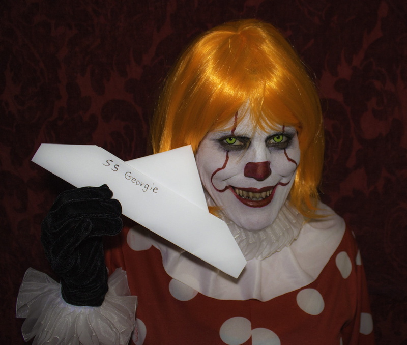 studio shot, clown, it, headshot, blond hair, hair, hairstyle, women, evil, indoors, fun, 1080P, one person, front view, smiling, communication, spooky