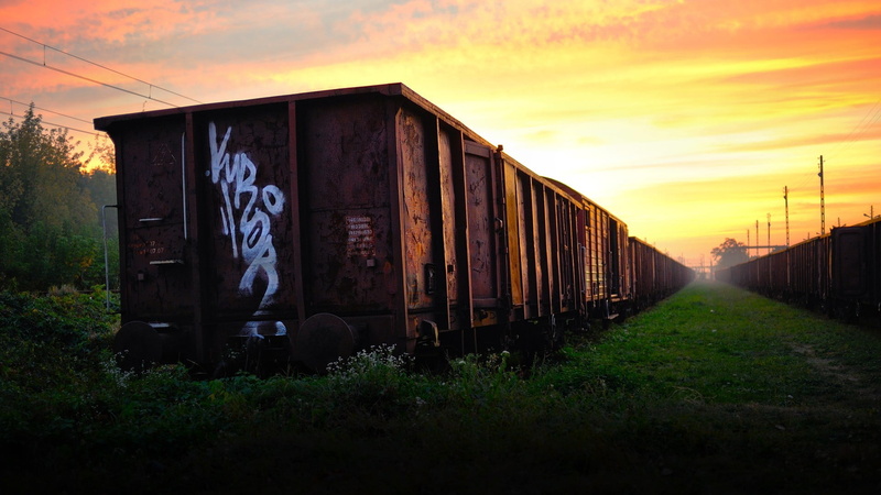 no people, cargo, graffiti, train - vehicle, orange color, 1080P, rail transportation, sunset, nature, art and craft, grass, landscape, creativity, plant