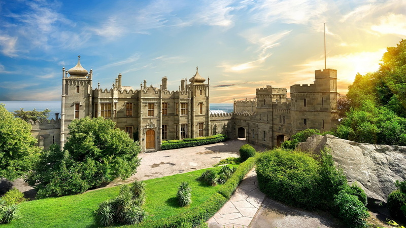 nature, building exterior, the past, place of worship, architecture, crimea, alupka palace, tree, ukraine, day, castle, palace, city, 4K, vorontsov palace