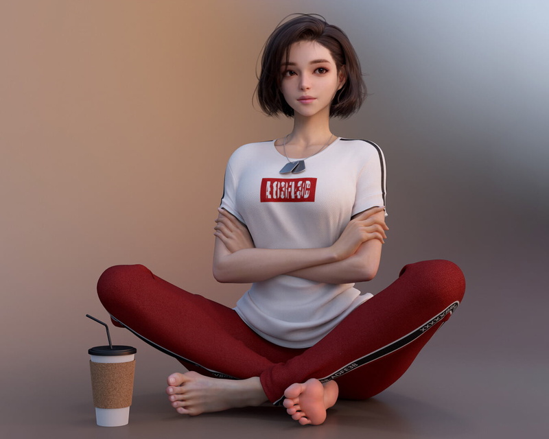 cup, brunette, women, Shin JeongHo, casual, looking away, Asian, T-shirt, CGI, barefoot, short hair, 720P, Dog Tags