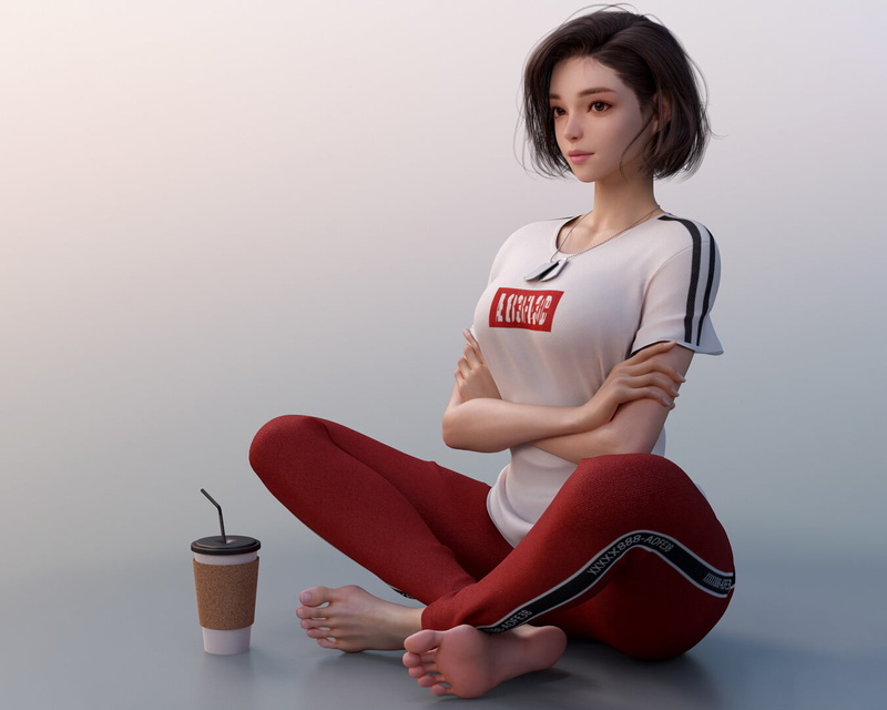Shin JeongHo, 720P, looking away, brunette, T-shirt, barefoot, casual, Asian, Dog Tags, CGI, women, cup, short hair