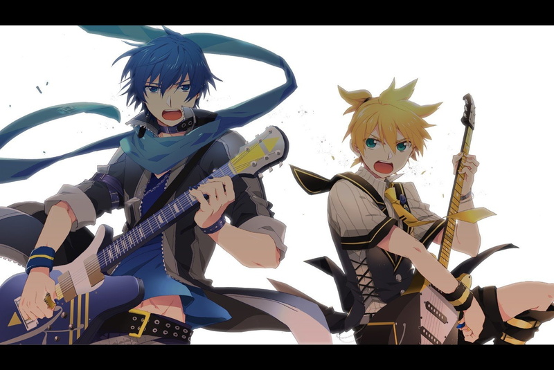 pants, eyes, backgrou, scarfs, tie, green, background, boots, white, guitars, blue, boys, collar, shirts, vocaloid, belts, open, tags, electric, dog, short