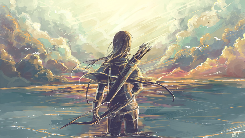 underwater, real people, nature, long hair, adult, bowmen, three quarter length, women, sunlight, holding, water, looking into the distance, sea, body