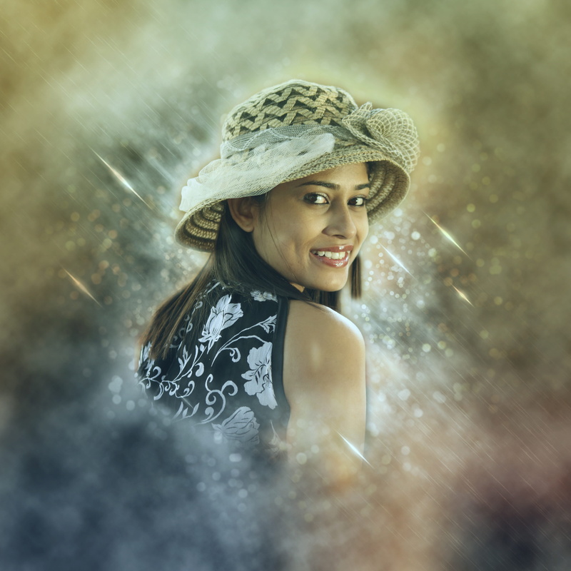 beautiful woman, hat, leisure activity, portrait, look back, face, bucket, rain, emotion, digital enhancement, looking away, hairstyle, teeth, digital manipulation