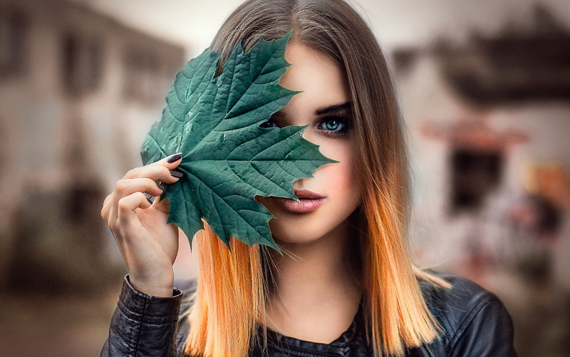 portrait, blue eyes, 1080P, leather jackets, leaves, depth of field, painted nails, face, blonde, women, Ombre Hair, dyed hair