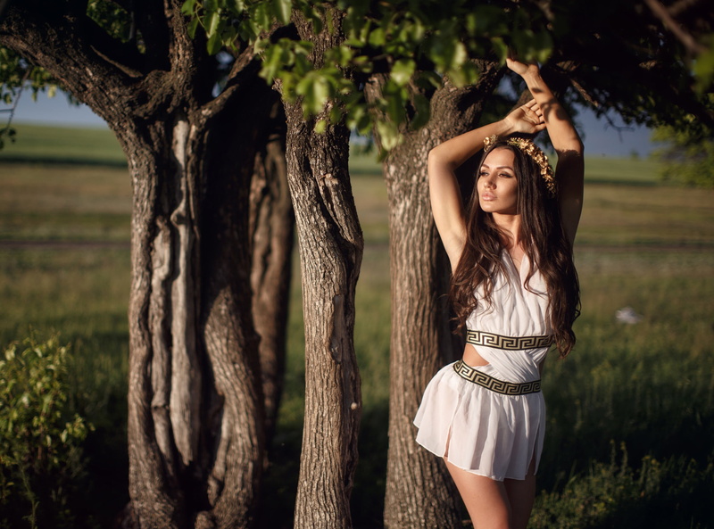 fantasy girl, trees, 2K, women, Sergey Sorokin, arms up, women outdoors, model, standing