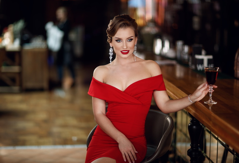 style, red dress, neckline, girl, model, glass, 2K, pose, Sergey Sorokin, shoulders