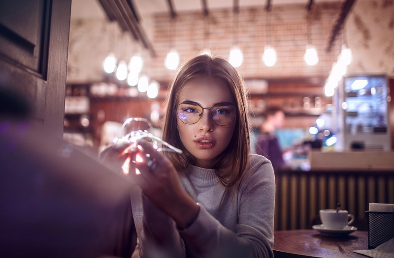 bokeh, portrait, sweater, depth of field, 1080P, women with glasses, face, pink lipstick, model, brunette, lights, Sergey Sorokin