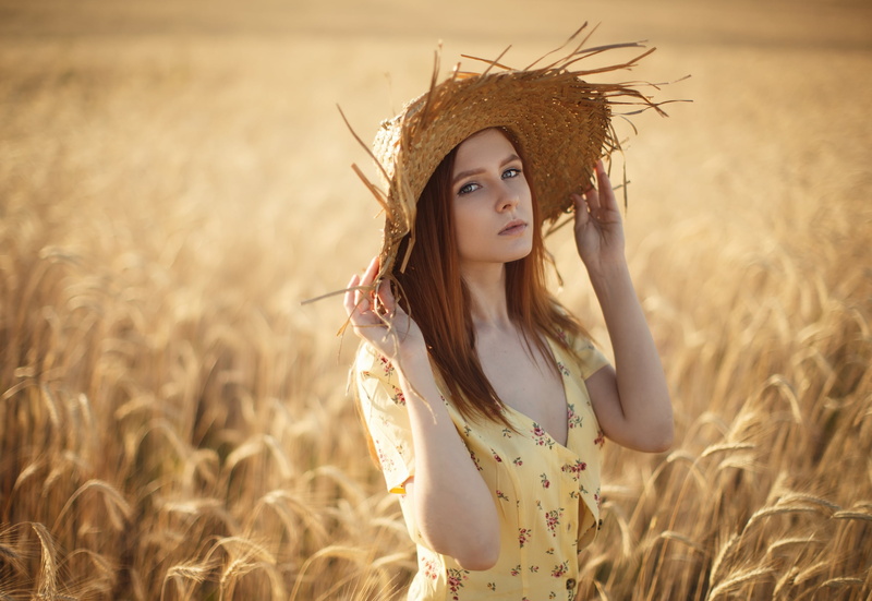 women outdoors, cleavage, outdoors, depth of field, field, straw hat, 2K, portrait, dress, wheat, women with hats, model, Sergey Sorokin, long hair, women