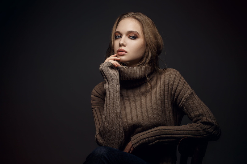 studio, sweater, looking at viewer, portrait, Sergey Sorokin, 2K, indoors, women indoors, brunette, model, makeup, women