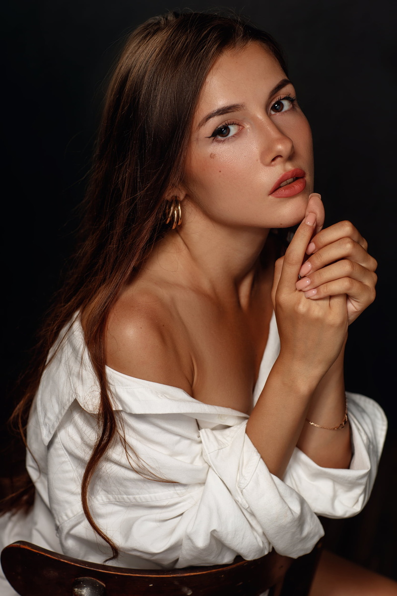 chair, 1080P, brunette, white clothing, Sergey Sorokin, jewelry, lipstick, parted lips, women, long hair, makeup