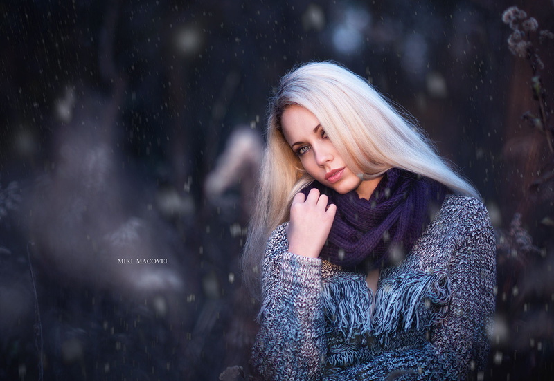 scarf, purple, Miki Macovei, snow, long hair, straight hair, sweater, 720P, women, blonde
