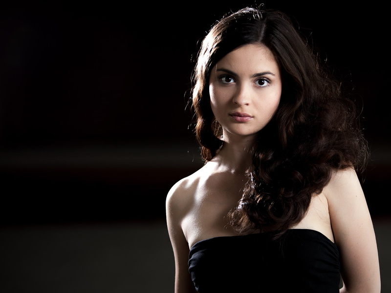 czech, Eva Josefíková, 1080P, actress, bare shoulders, black dress, looking at viewer, long hair, curly hair, face, brunette, women