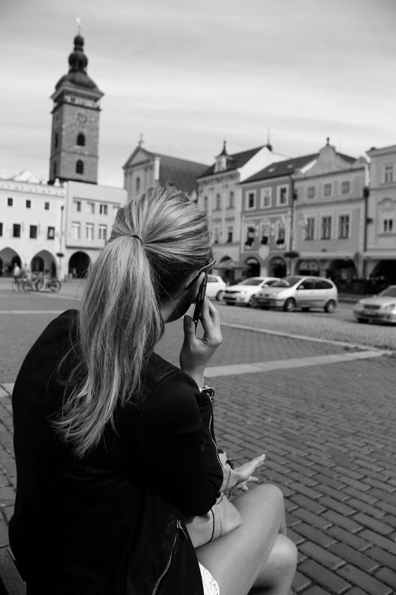 black and white, transportation, architecture, Afternoon, hairstyle, day, 2K, Square, one young woman only, leisure activity, Budejovice, only women, character