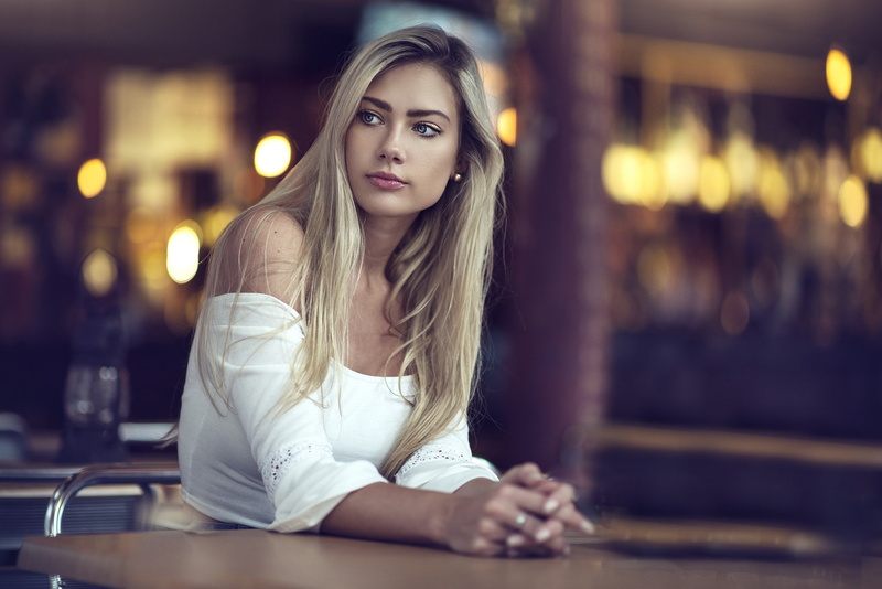 long hair, white clothing, women, straight hair, face, bare shoulders, Dani Diamond, model, blonde, portrait, 1080P, looking into the distance