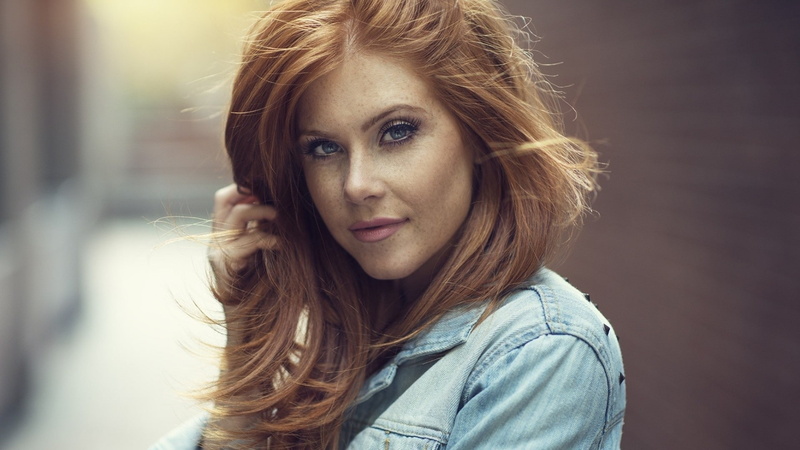 blue eyes, redhead, freckles, 1080P, jeans jacket, touching hair, face, Vanessa Jade, women, denim, Dani Diamond, portrait