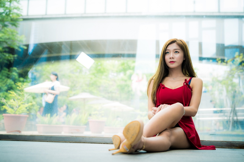 dress, women indoors, 4K, lifestyles, day, window, model, focus on foreground, on the floor, young adult, front view, leisure activity, one person, Asian