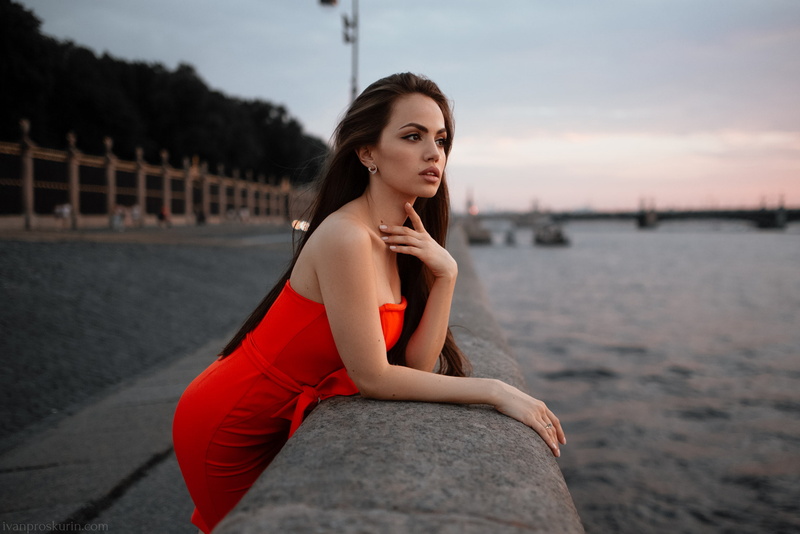 long hair, women, red dress, depth of field, brunette, women outdoors, 1080P, portrait, looking into the distance