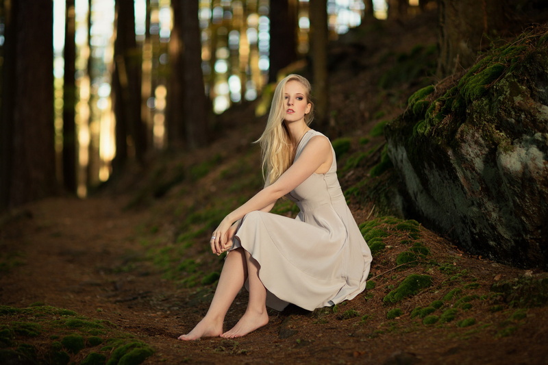 forest, sitting, white dress, long hair, looking into the distance, 1080P, Michael Kremsler, open mouth, barefoot, blonde, women