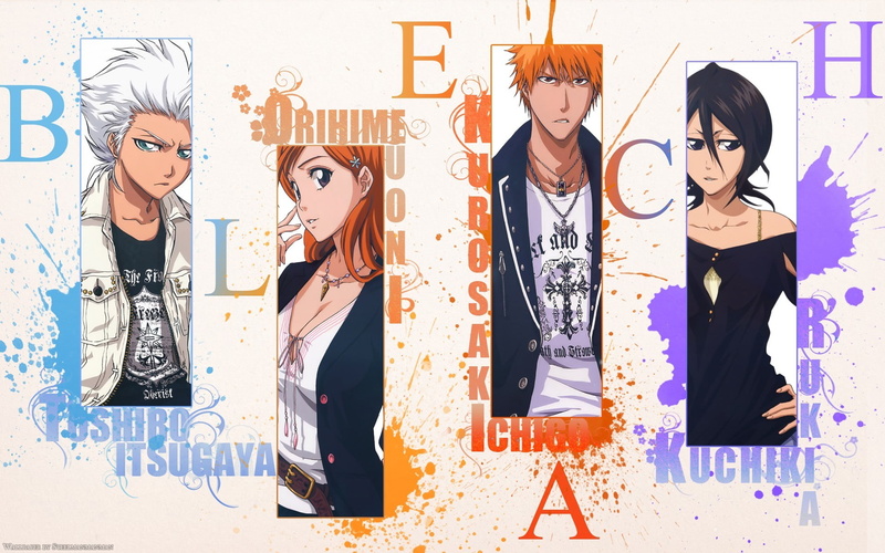 typography, Inoue Orihime, anime girls, 1080P, Bleach, Hitsugaya Toshiro, Kurosaki Ichigo, anime boys, Kuchiki Rukia, anime, collage, paint splatter