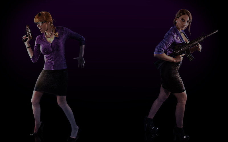purple, holding, adult, music, black background, indoors, musical equipment, musician, arts culture and entertainment, studio shot, Saints Row IV, two people