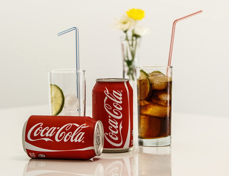 snack, western script, drink, red, freshness, food, fizzy, glass, refreshment, still life, coca cola, fruit, colored background, indoors, soda, table, food and drink