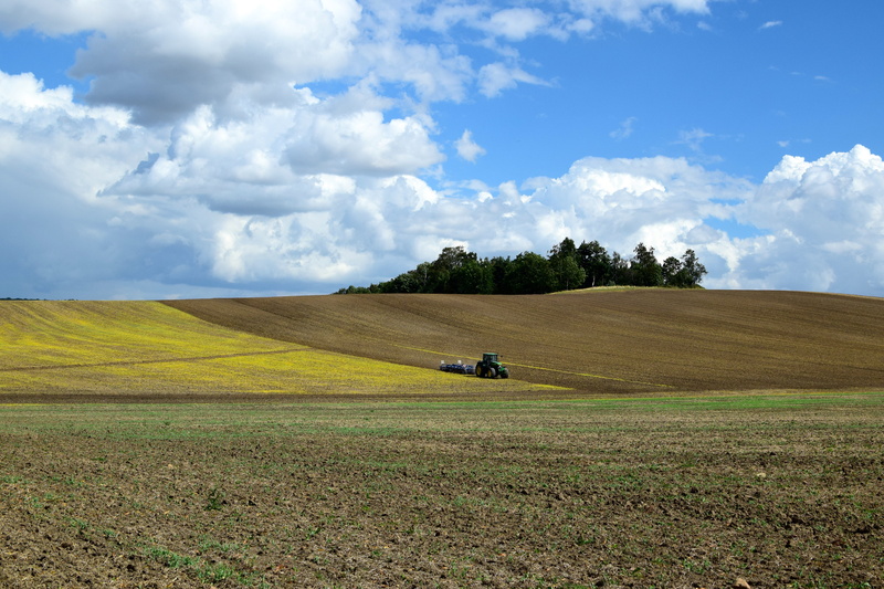 beauty in nature, rural scene, tranquility, idyllic, fields, environment, perspective, tractor, tranquil scene, cloud - sky, growth, fieldwork, arable