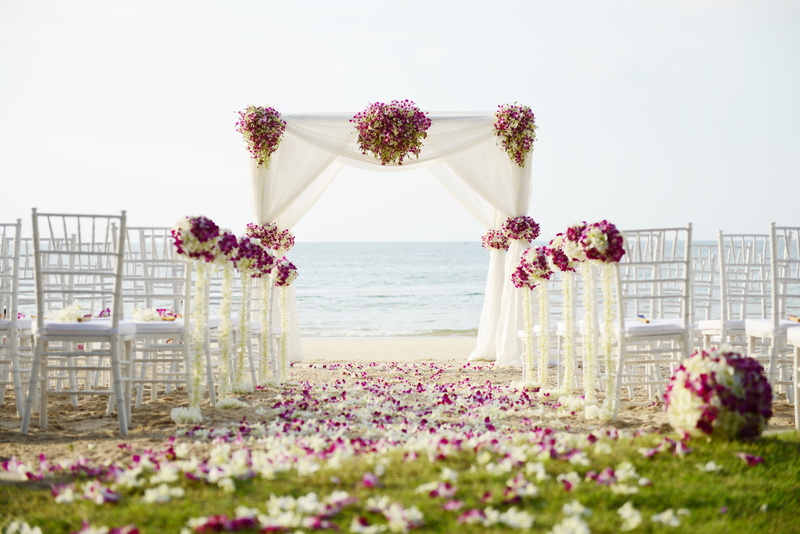 gazebo, flowering plant, no people, flower arrangement, tropics, built structure, growth, pink, pink color, sky, vulnerability, outdoors, white, coast