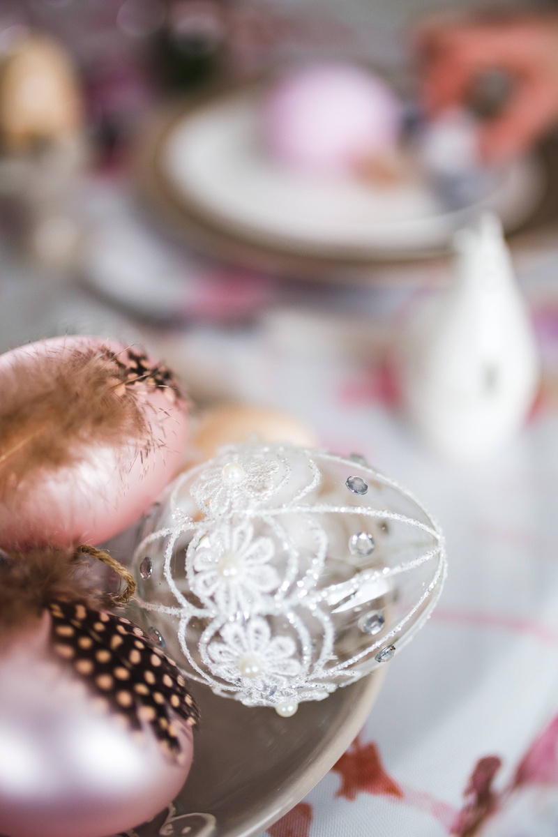 eggs, flowers, jewelry, cute, white color, holidays, event, easter, pink, table, focus on foreground, wedding, Easter table, high angle view, pearl jewelry