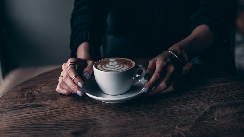 girl, bracelet, latte, busy, holding, table, close-up, morning, work, coffee Cup, adult, saucer, coffee - Drink, drinking, indoors, males, brown, cafe
