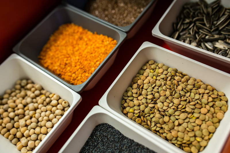 poppy, foods, Containers, high angle view, raw food, bean, seed, ingredient, dried food, food, variation, chickpea, vegetarian food, container, plant, yellow