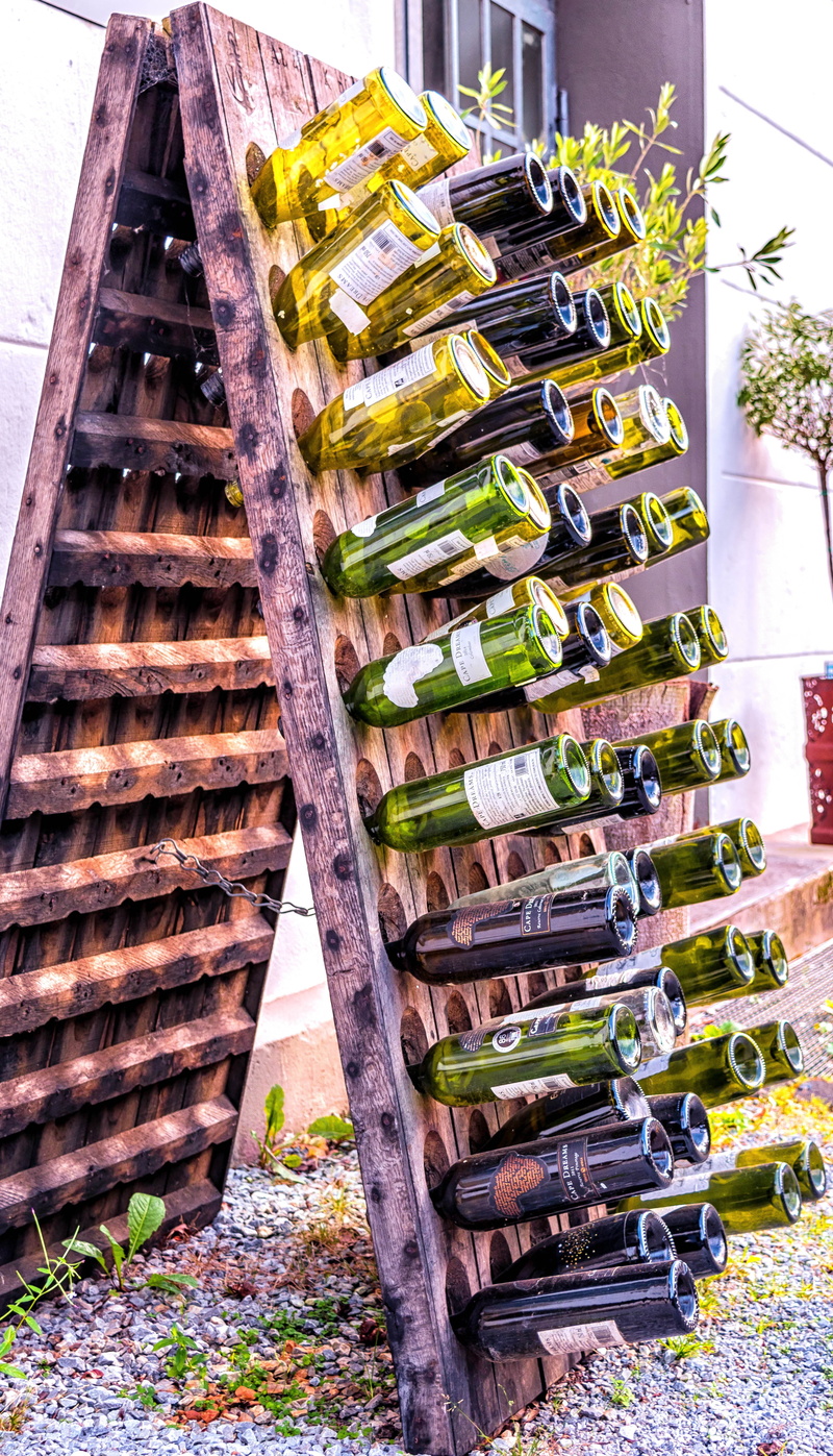 wine, day, shelf, building exterior, nature, wine rack, 5K, freshness, still life, wood - material, wine bottle, red wine, in a row, empty, staircase