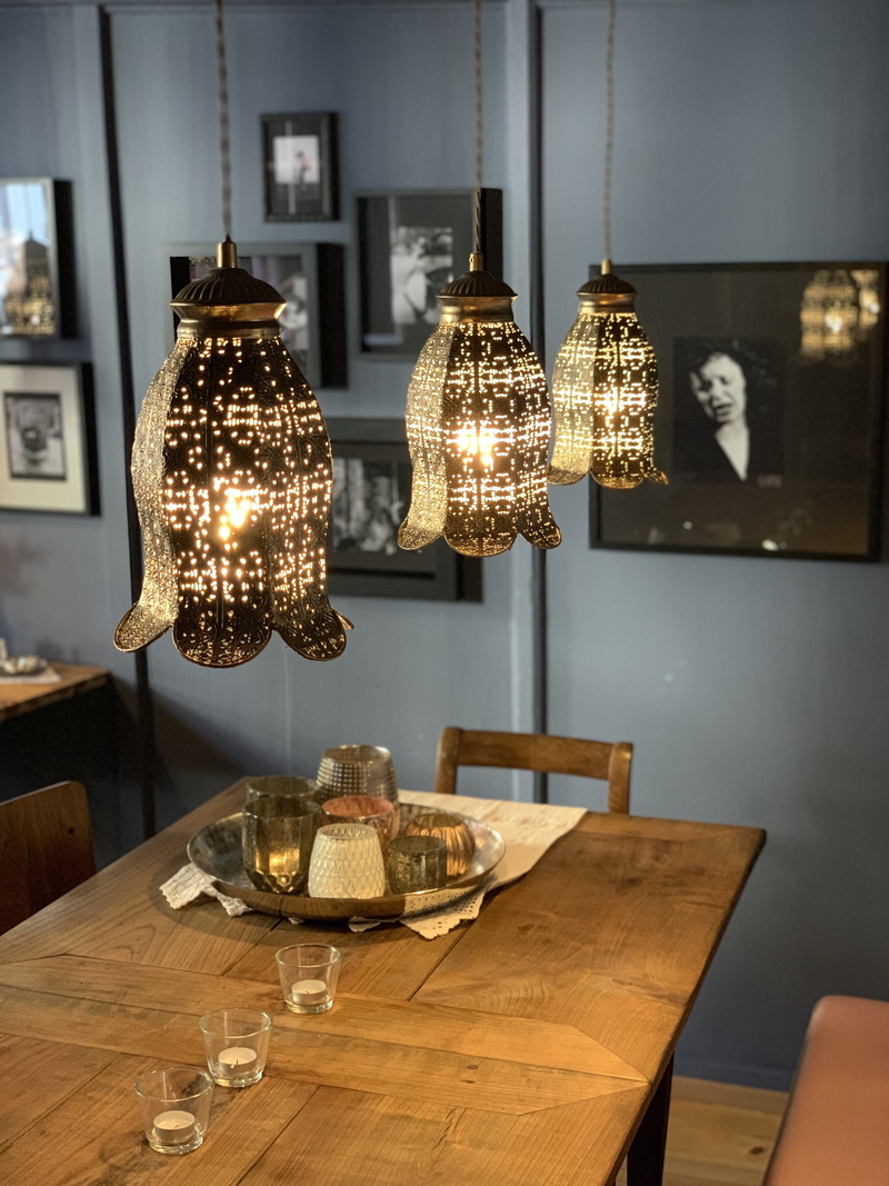 ceiling, home, brasserie, domestic room, light, absence, wooden table, furniture, seat, electric light, christmas ornament, hanging, pendant light, luxury