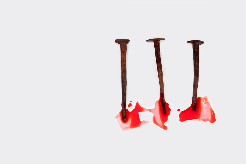still life, tool, indoors, rust, close-up, studio shot, 1080P, copy space, red, blood, no people, broken, nails, hand tool, white background, nail, creativity