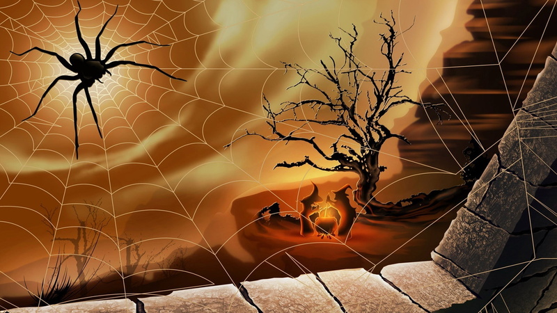 spider, spiderwebs, trees, nature, witch, window, bricks, rock, fire, digital art, cliff, boiler, 1080P