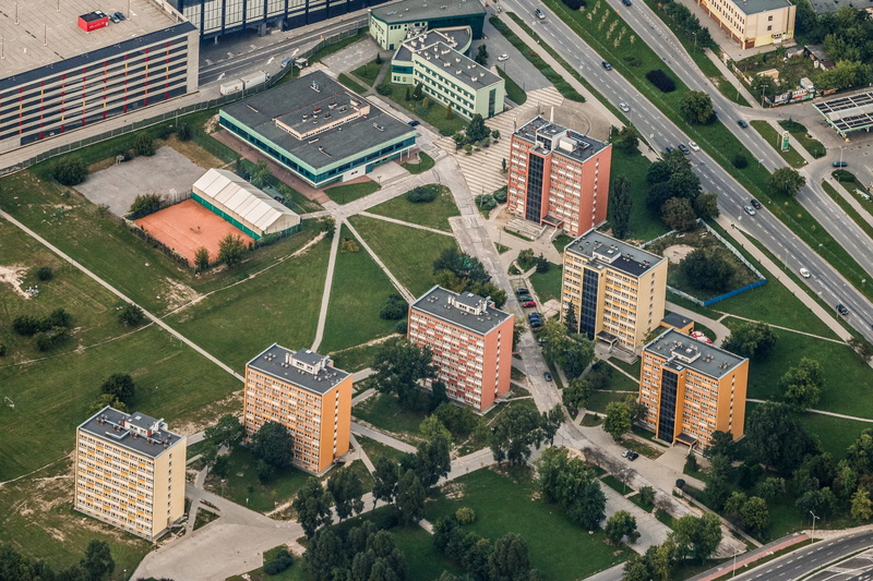 the university, day, swietokrzyskie, street, poland, road, the height of the, modern, high angle view, no people, aerial view, nature, building, 2K, transportation