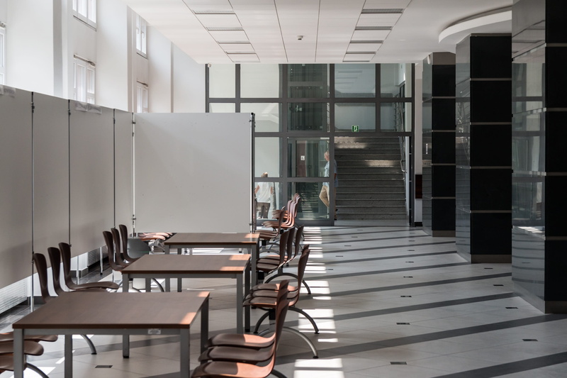 chair, furniture, corridor, table, corporate business, indoors, building, absence, desk, seat, built structure, 2K, building and construction, glass - material