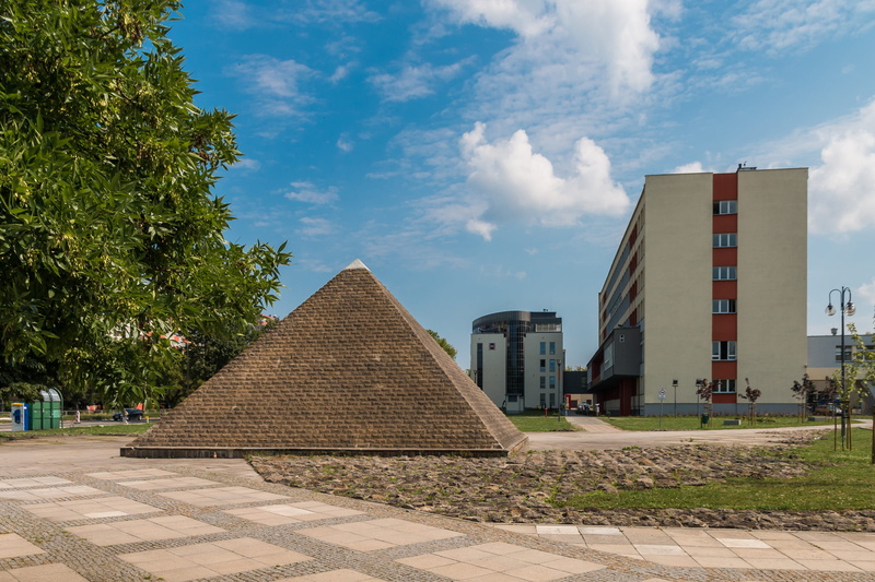 office buildings, day, cloud - sky, outdoors, building and construction, sky, plant, built structure, no people, pyramid, tree, polytechnic university which
