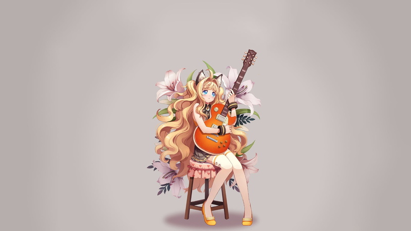 tears, blue eyes, 1080P, anime girls, nekomimi, SeeU, shirt, sitting, simple background, long hair, zettai ryouiki, animal ears, chair, flowers, Vocaloid